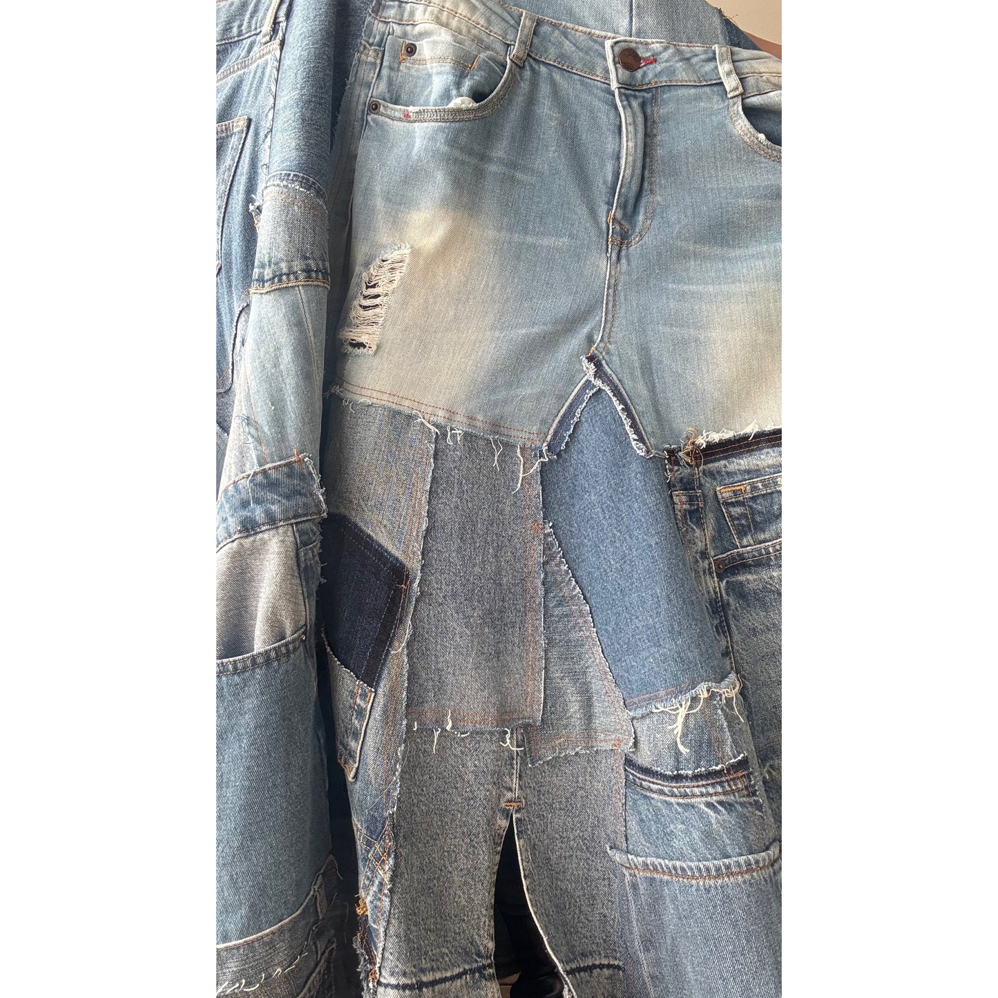 Bold Upcycled Denim Jumper Dress – Asymmetrical Patchwork Maxi, Handmade One-of-a-Kind