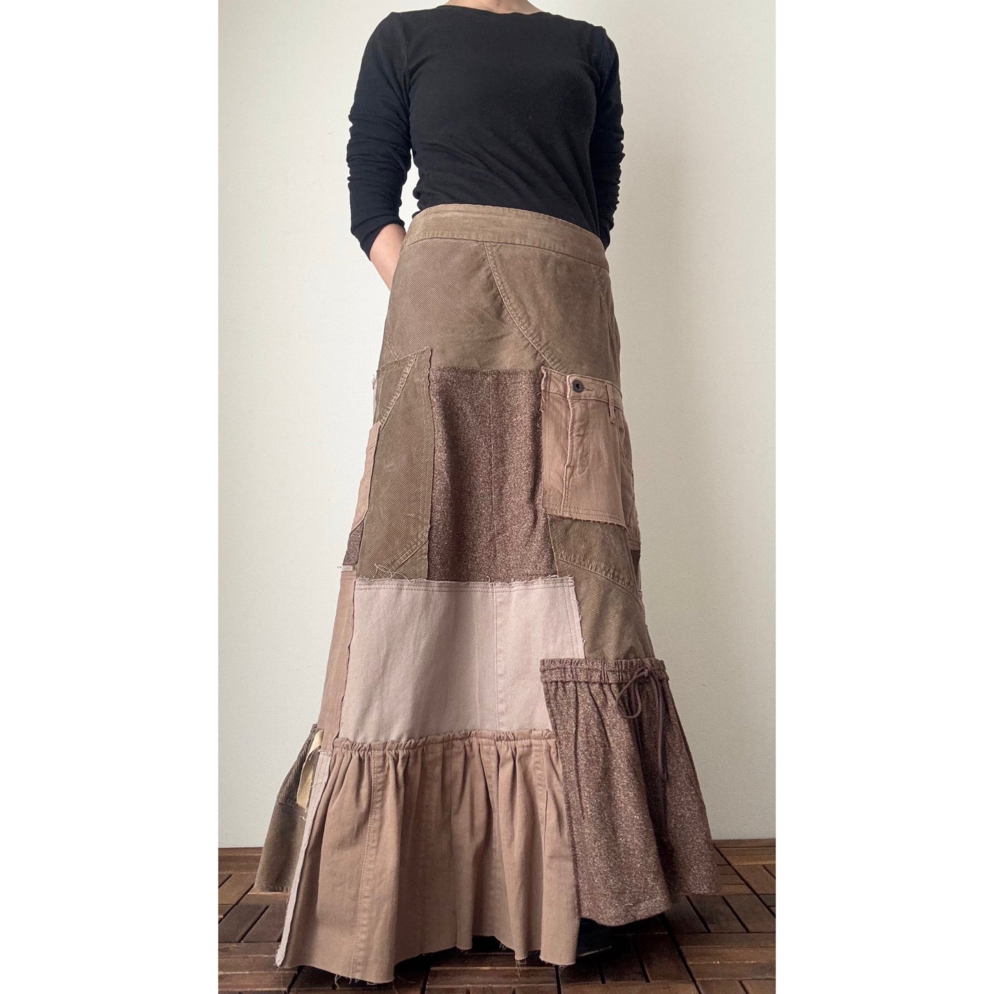 Upcycled Brown Patchwork Maxi Skirt / Mermaid Silhouette / Tweed & Corduroy / Preloved Denim / Fall–Winter