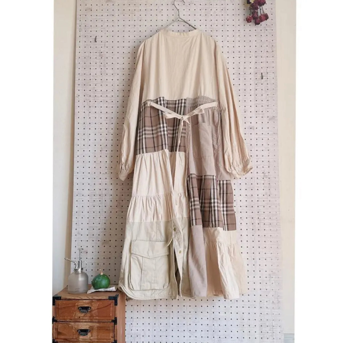 Upcycled Patchwork Midi Dress Crafted from Earth-Tone Secondhand Garments | One-of-a-Kind Handmade Piece