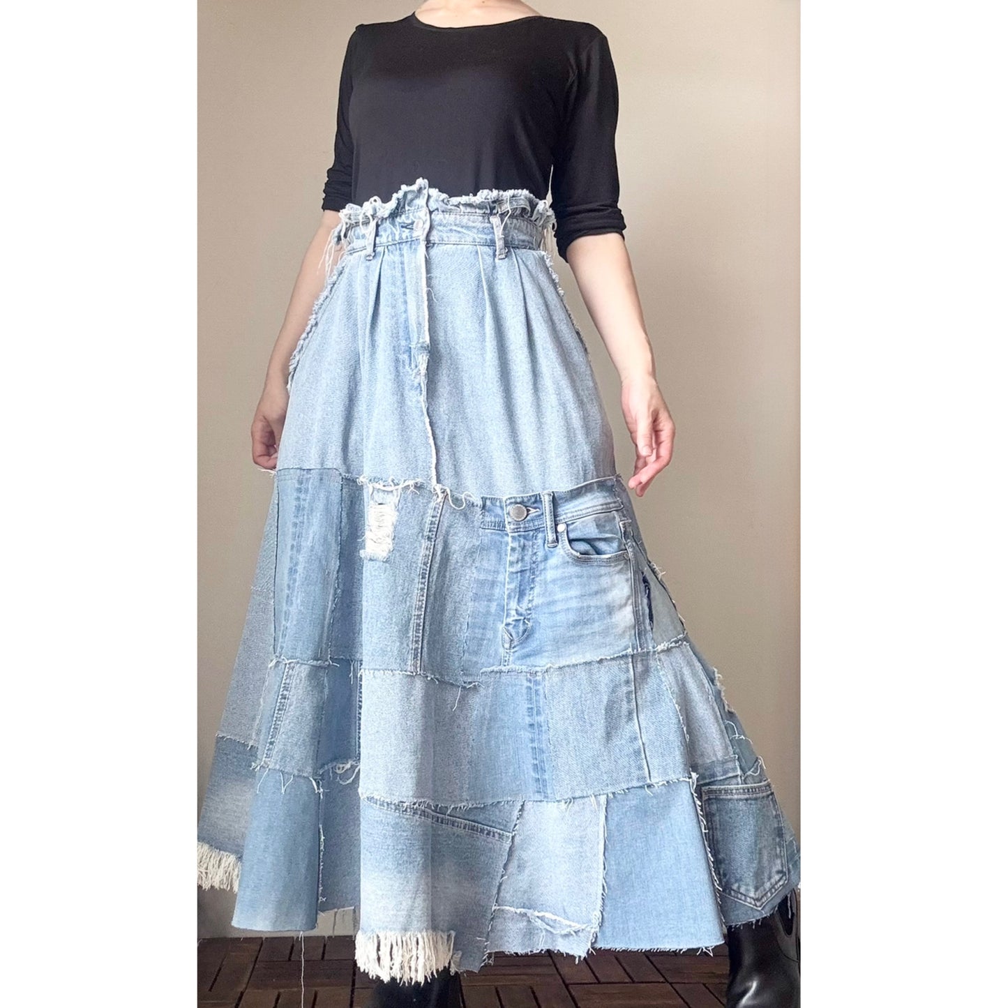 Light Blue Denim Jumper Skirt – Upcycled Patchwork Dress with Removable Straps | Handmade One-of-a-Kind