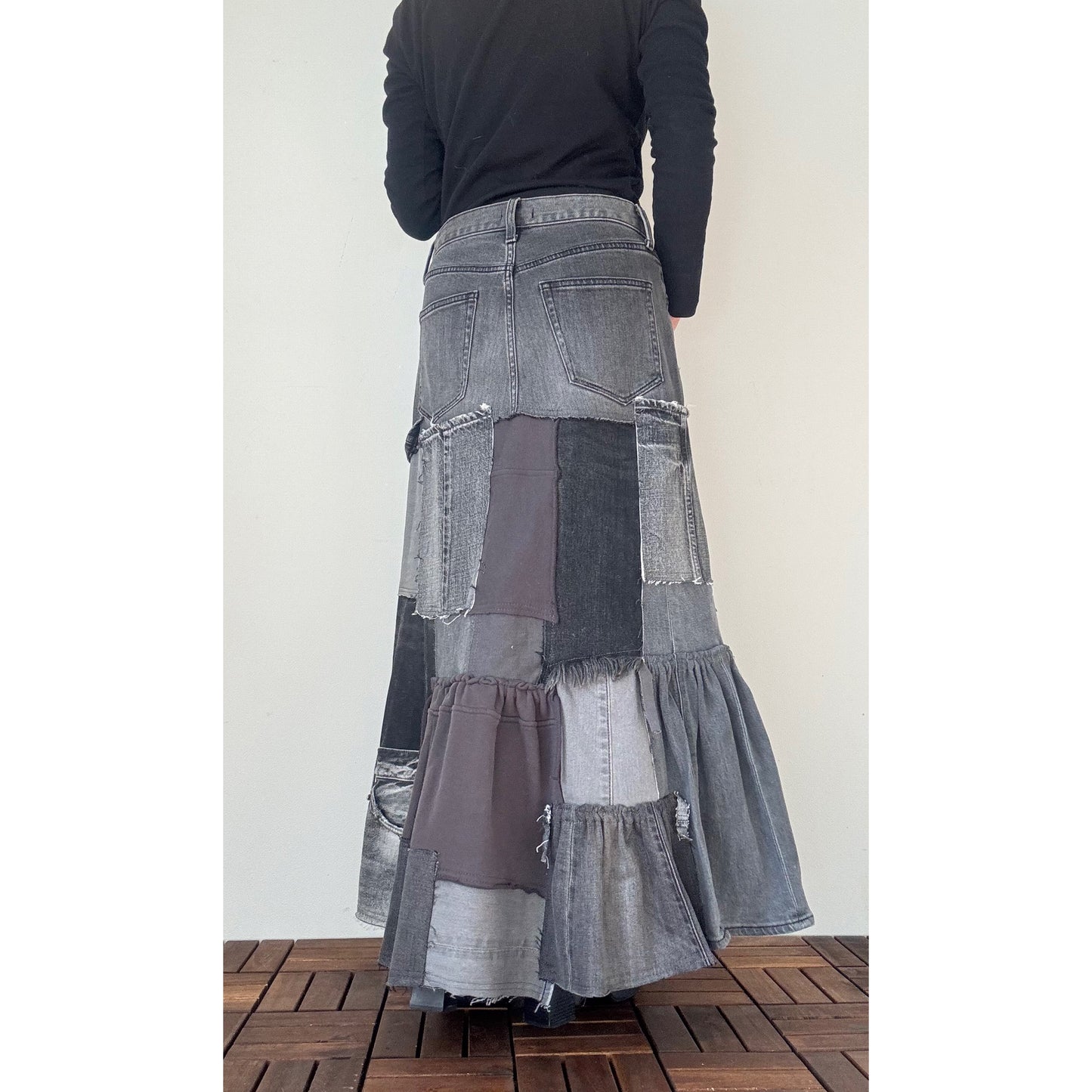 Upcycled Gray Denim Patchwork Long Skirt / Reconstructed Jeans Maxi Skirt / One-of-a-kind Handmade Upcycled Clothing