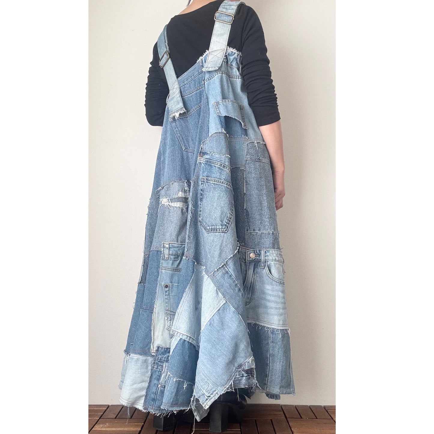 Bold Upcycled Denim Jumper Dress – Asymmetrical Patchwork Maxi, Handmade One-of-a-Kind