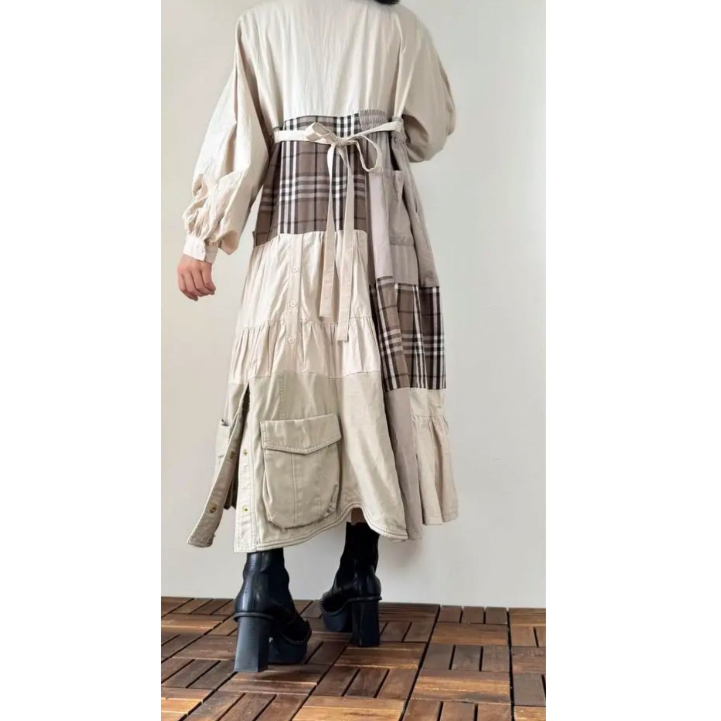 Upcycled Patchwork Midi Dress Crafted from Earth-Tone Secondhand Garments | One-of-a-Kind Handmade Piece