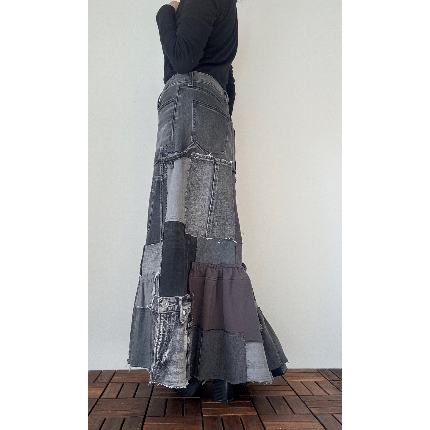 Upcycled Gray Denim Patchwork Long Skirt / Reconstructed Jeans Maxi Skirt / One-of-a-kind Handmade Upcycled Clothing