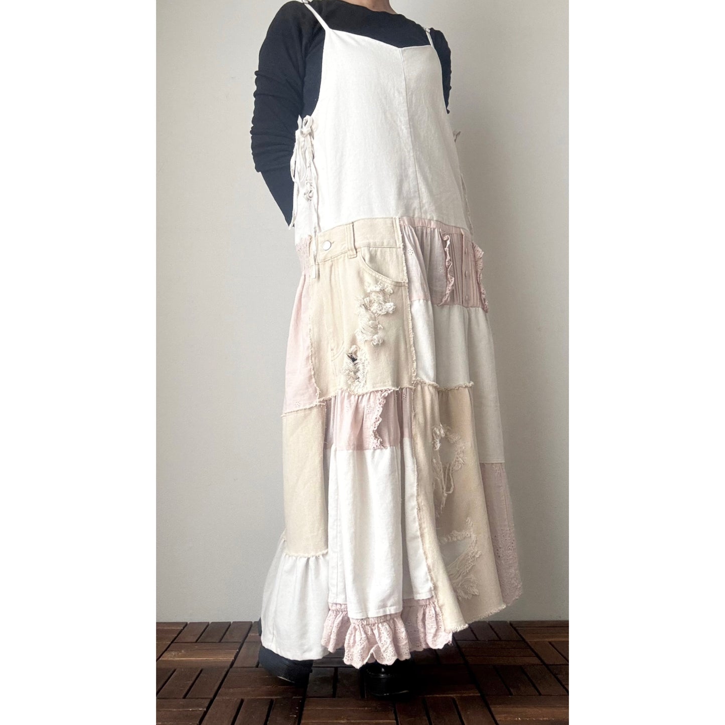 Upcycled Linen & Lace Jumper Dress – Patchwork Maxi with Distressed Denim Details | One-of-a-Kind