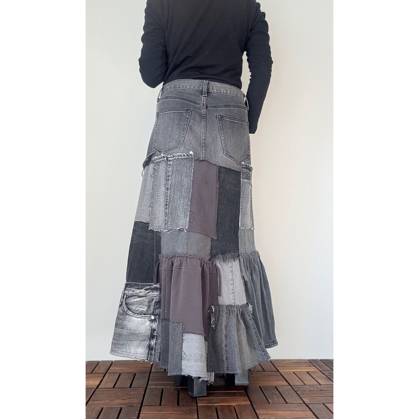 Upcycled Gray Denim Patchwork Long Skirt / Reconstructed Jeans Maxi Skirt / One-of-a-kind Handmade Upcycled Clothing