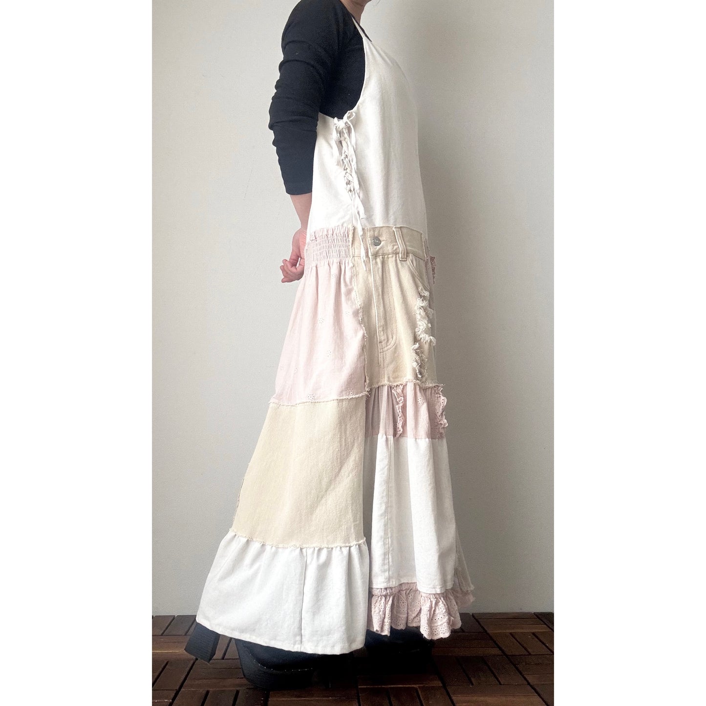 Upcycled Linen & Lace Jumper Dress – Patchwork Maxi with Distressed Denim Details | One-of-a-Kind