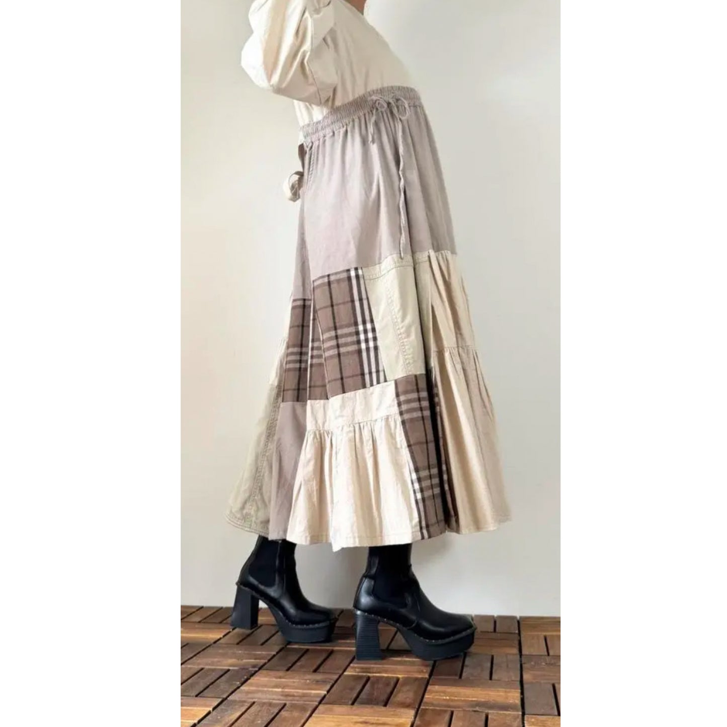 Upcycled Patchwork Midi Dress Crafted from Earth-Tone Secondhand Garments | One-of-a-Kind Handmade Piece
