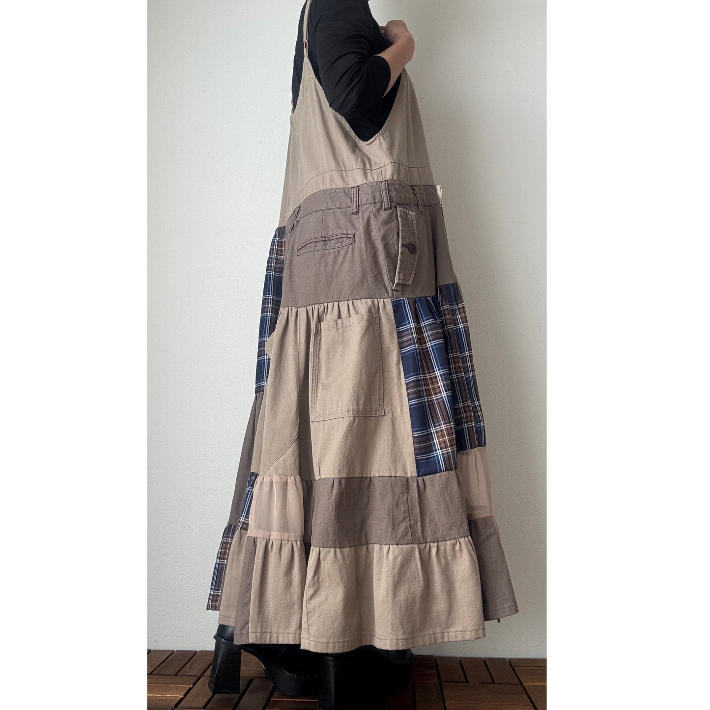 Upcycled Patchwork Jumper Dress – Beige & Navy Plaid Tiered One-of-a-Kind Piece