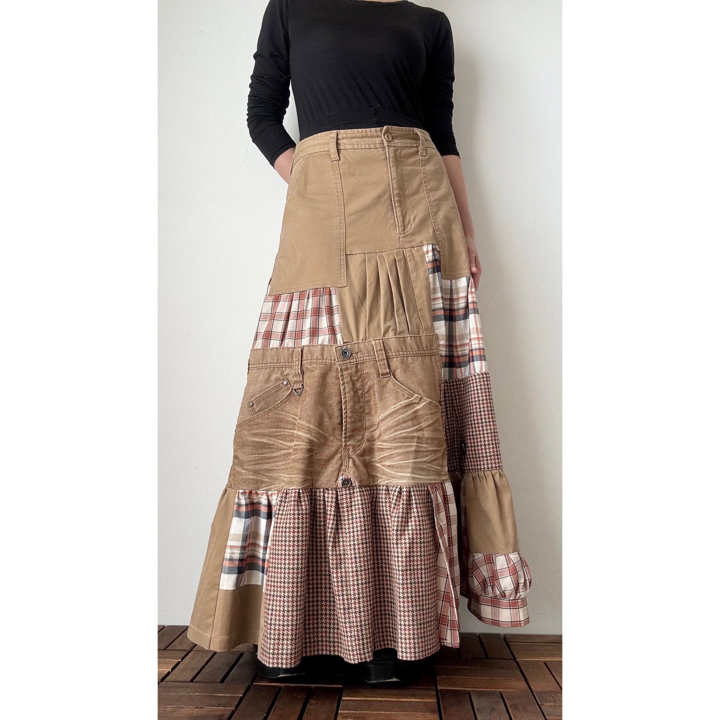 Upcycled Patchwork Maxi Skirt – Long Tiered Skirt with Corduroy, Wool, Plaid & Buttons | M–L | Shipping Included