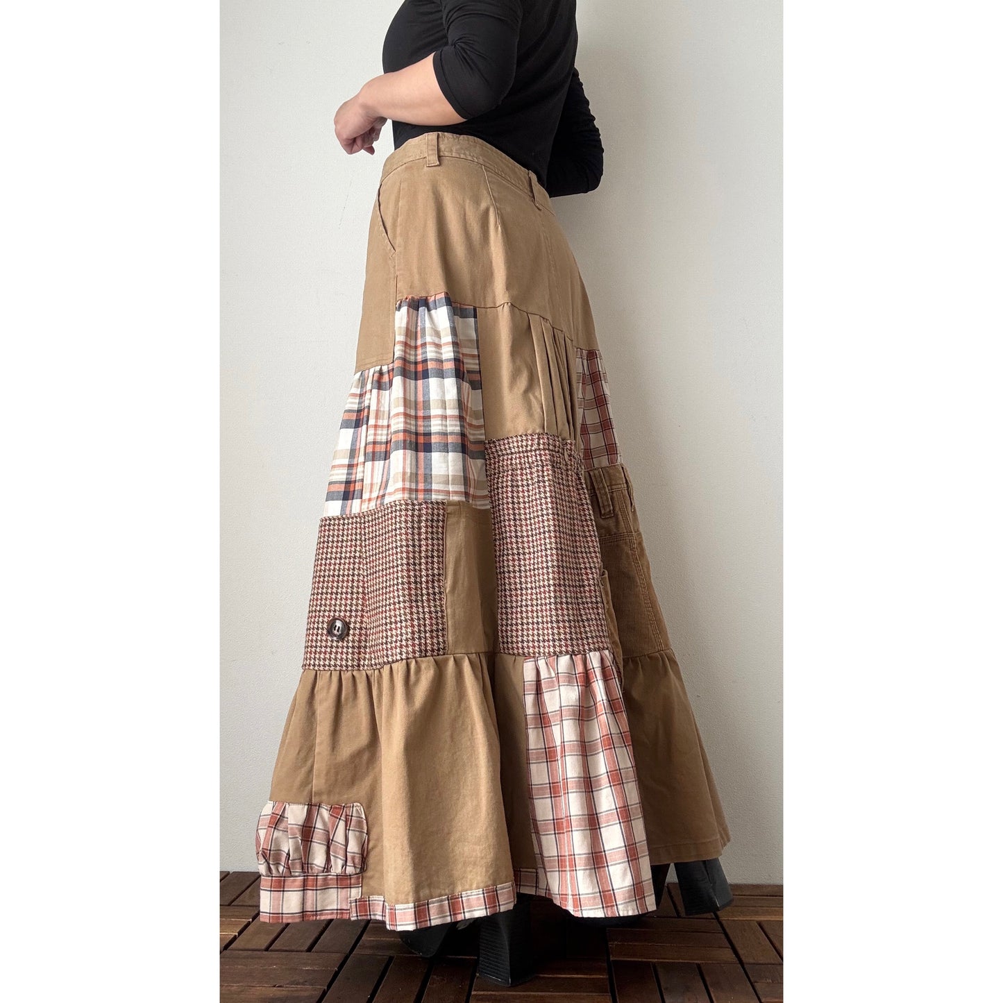 Upcycled Patchwork Maxi Skirt – Long Tiered Skirt with Corduroy, Wool, Plaid & Buttons | M–L | Shipping Included