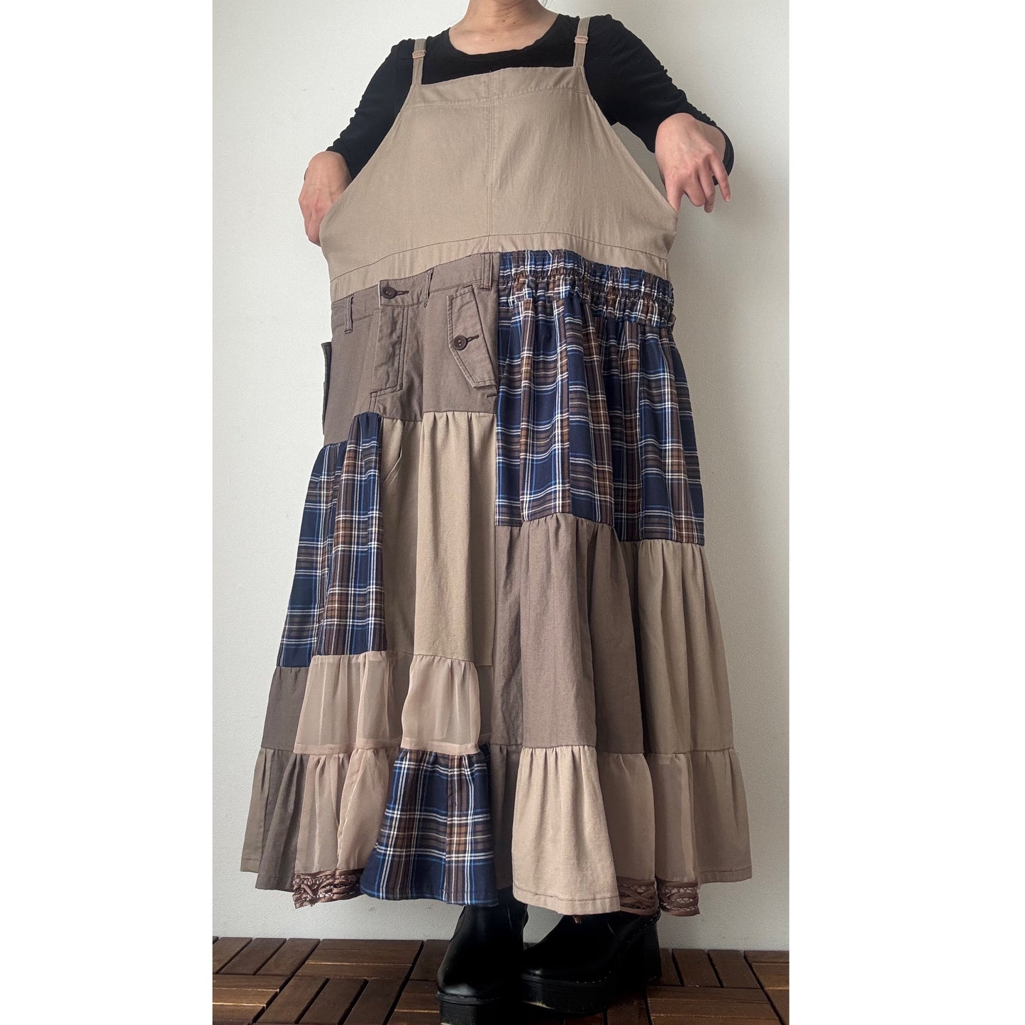 Upcycled Patchwork Jumper Dress – Beige & Navy Plaid Tiered One-of-a-Kind Piece
