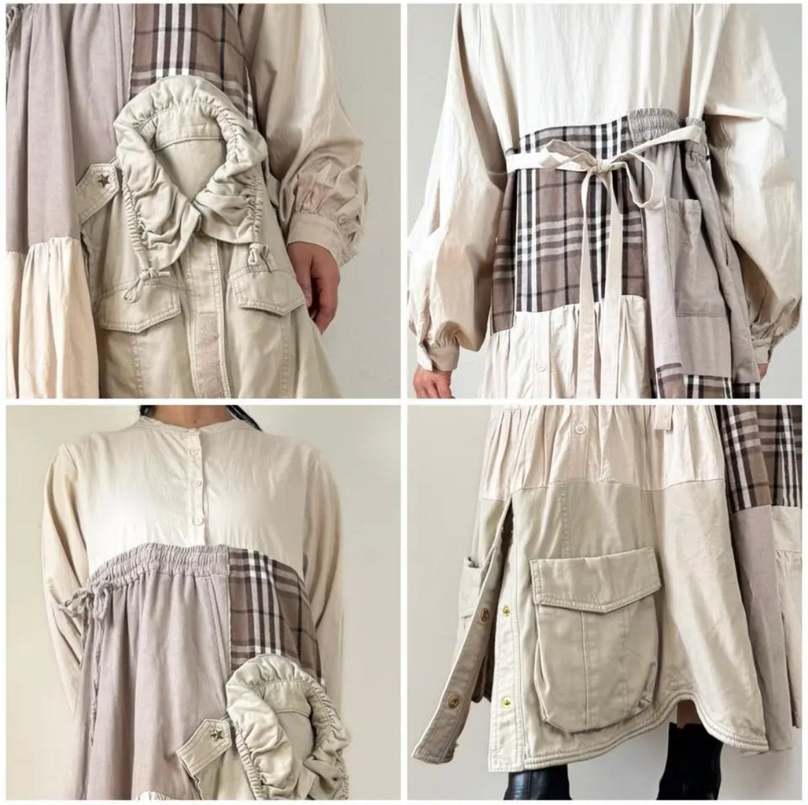 Upcycled Patchwork Midi Dress Crafted from Earth-Tone Secondhand Garments | One-of-a-Kind Handmade Piece