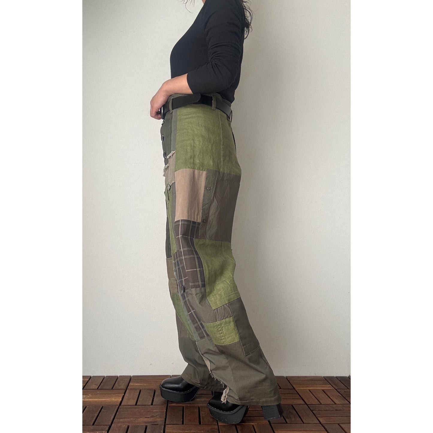 Upcycled Khaki Patchwork Pants, Balloon Silhouette Olive Green Trousers, Handmade Reworked Cotton Linen, One of a Kind