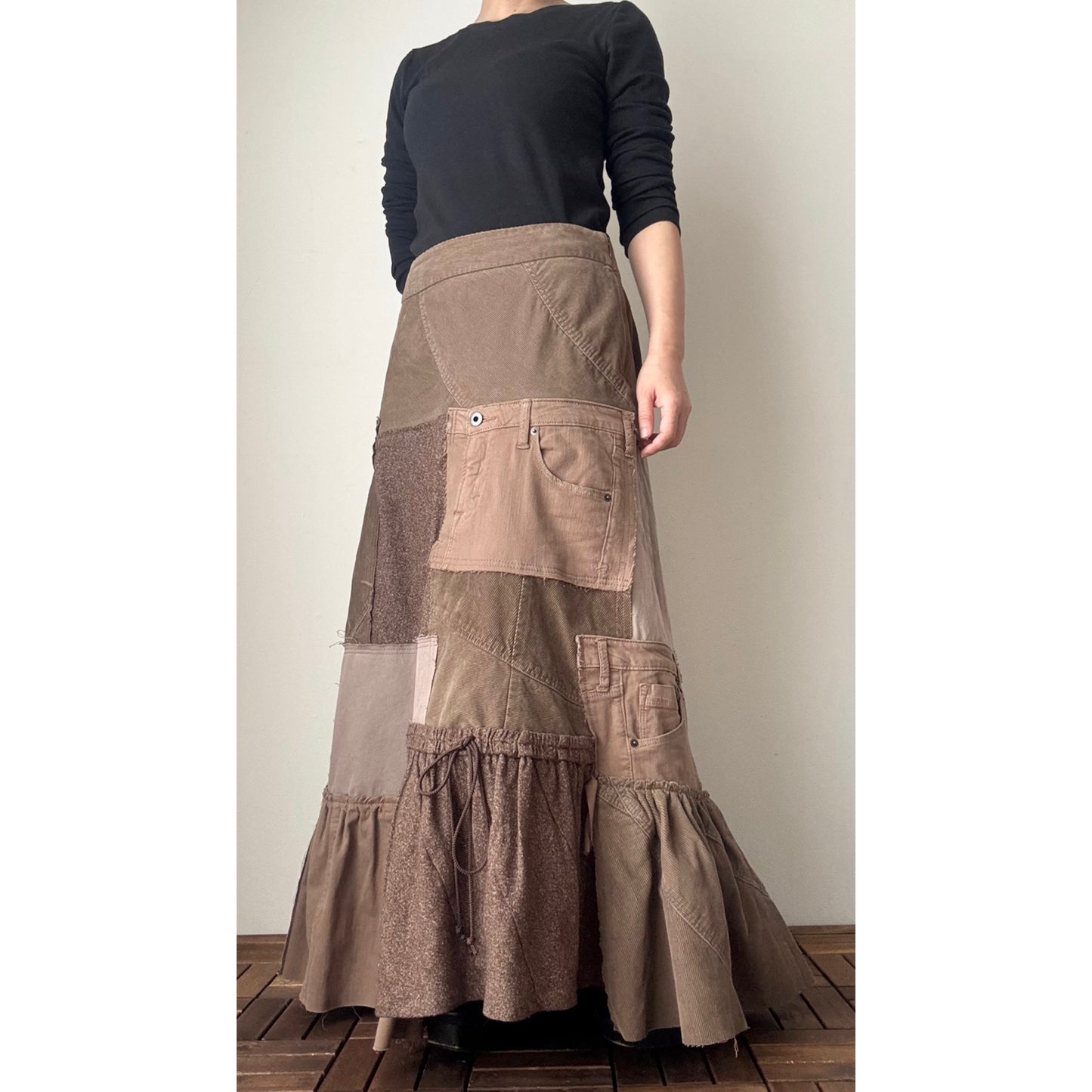 Upcycled Brown Patchwork Maxi Skirt / Mermaid Silhouette / Tweed & Corduroy / Preloved Denim / Fall–Winter