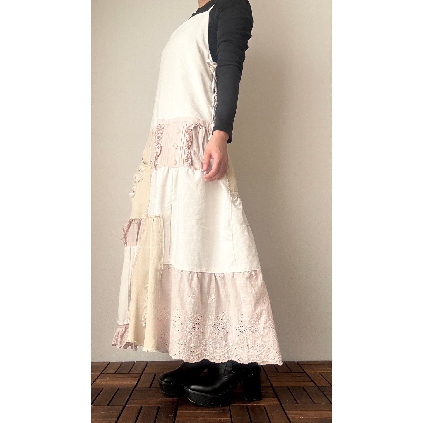 Upcycled Linen & Lace Jumper Dress – Patchwork Maxi with Distressed Denim Details | One-of-a-Kind