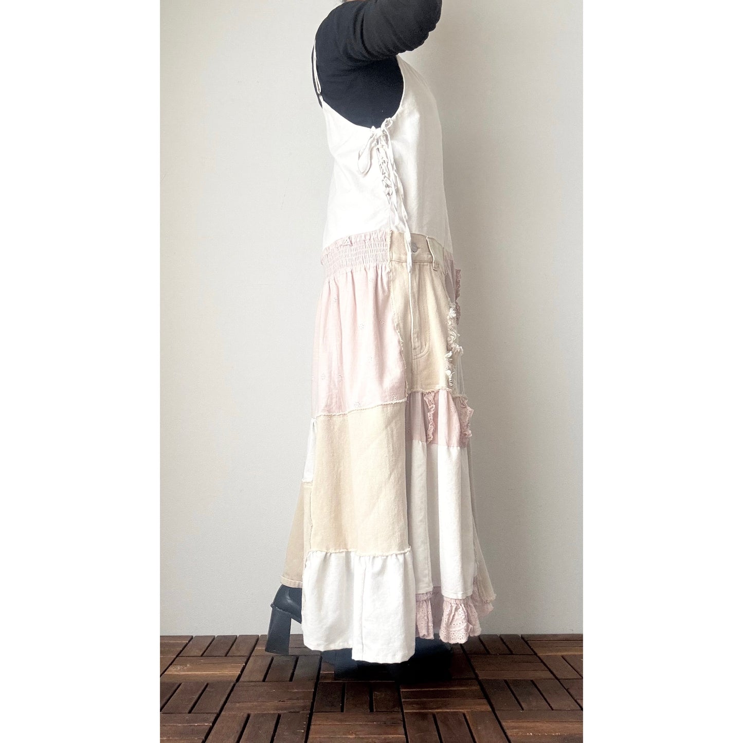 Upcycled Linen & Lace Jumper Dress – Patchwork Maxi with Distressed Denim Details | One-of-a-Kind