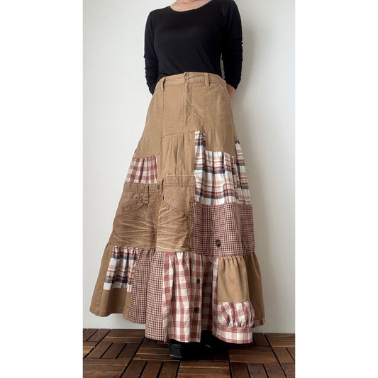 Upcycled Patchwork Maxi Skirt – Long Tiered Skirt with Corduroy, Wool, Plaid & Buttons | M–L | Shipping Included
