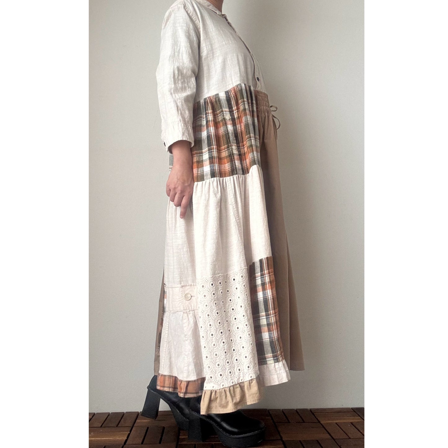 Upcycled Patchwork Maxi Dress – Reconstructed Beige & Plaid One-of-a-Kind Piece