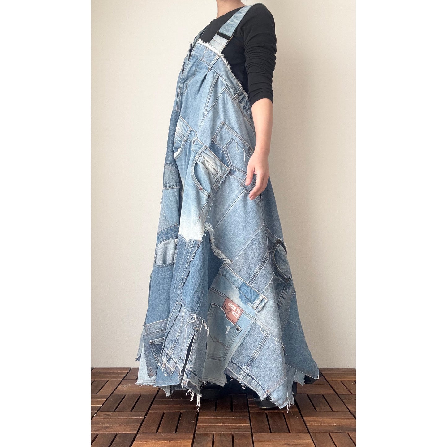 Bold Upcycled Denim Jumper Dress – Asymmetrical Patchwork Maxi, Handmade One-of-a-Kind