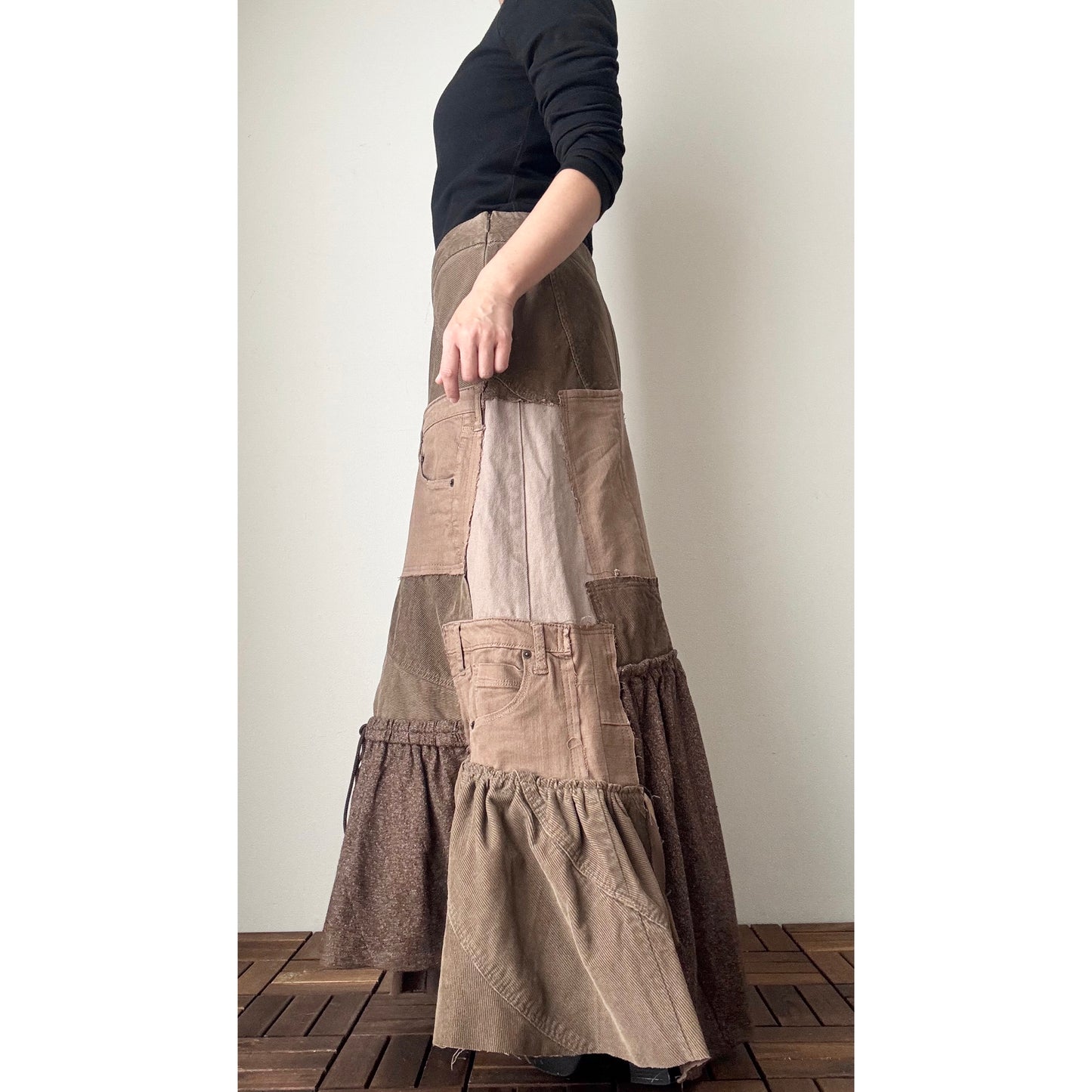 Upcycled Brown Patchwork Maxi Skirt / Mermaid Silhouette / Tweed & Corduroy / Preloved Denim / Fall–Winter