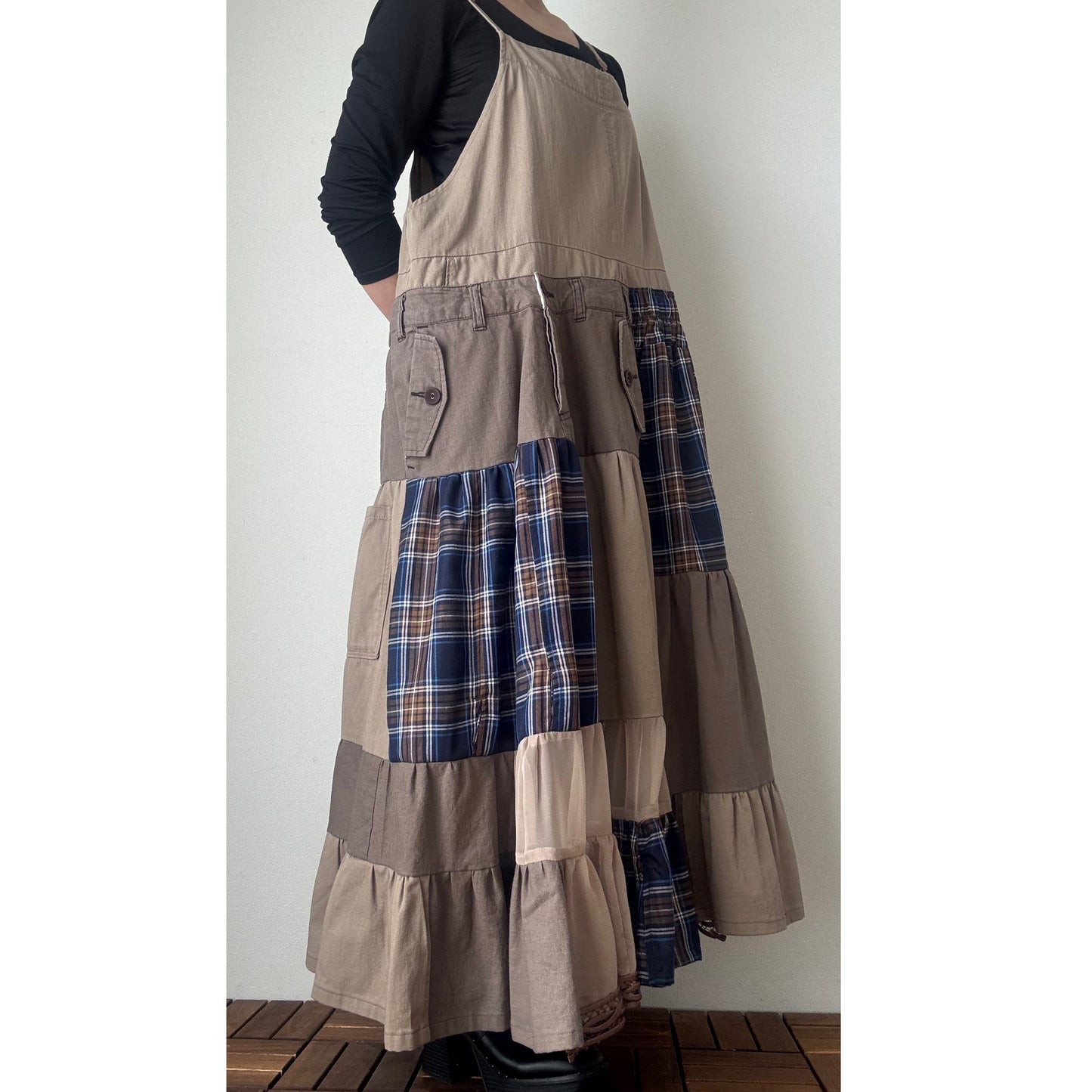 Upcycled Patchwork Jumper Dress – Beige & Navy Plaid Tiered One-of-a-Kind Piece