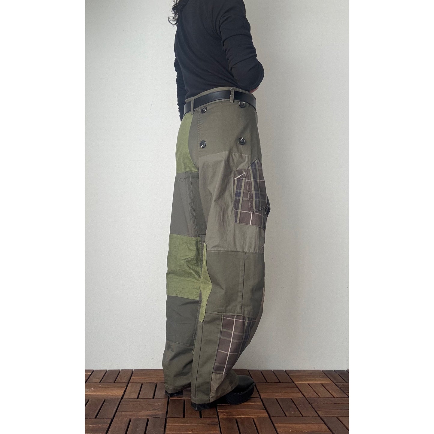 Upcycled Khaki Patchwork Pants, Balloon Silhouette Olive Green Trousers, Handmade Reworked Cotton Linen, One of a Kind