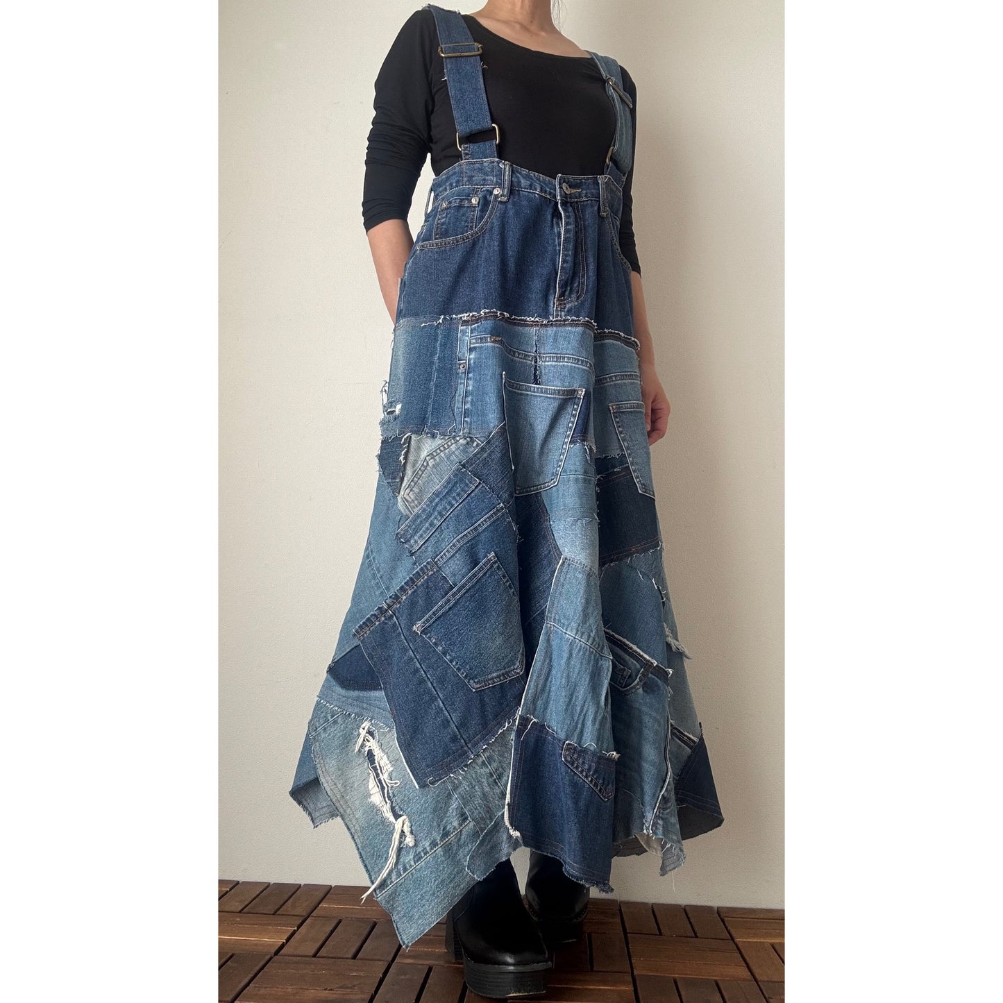 Upcycled Denim Patchwork Jumper Dress – Reconstructed A-Line One-of-a-Kind Piece
