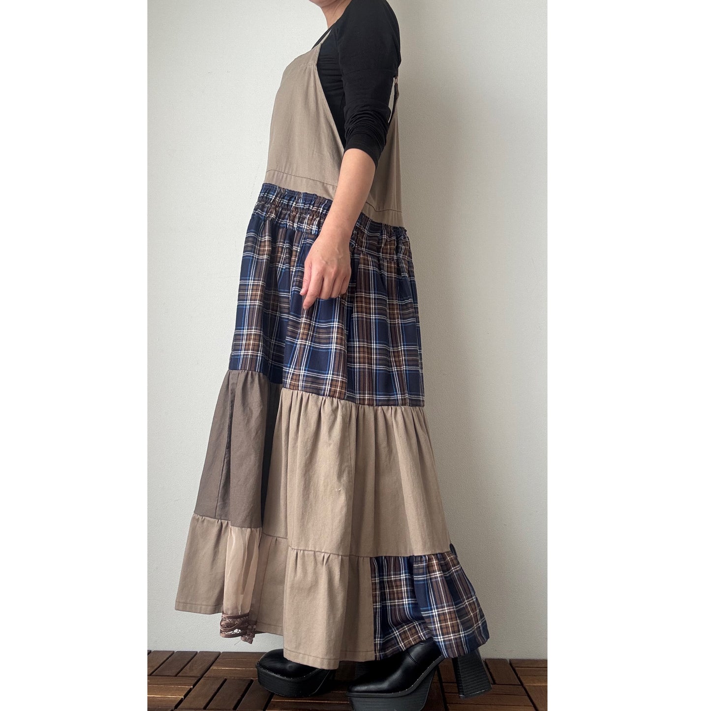 Upcycled Patchwork Jumper Dress – Beige & Navy Plaid Tiered One-of-a-Kind Piece