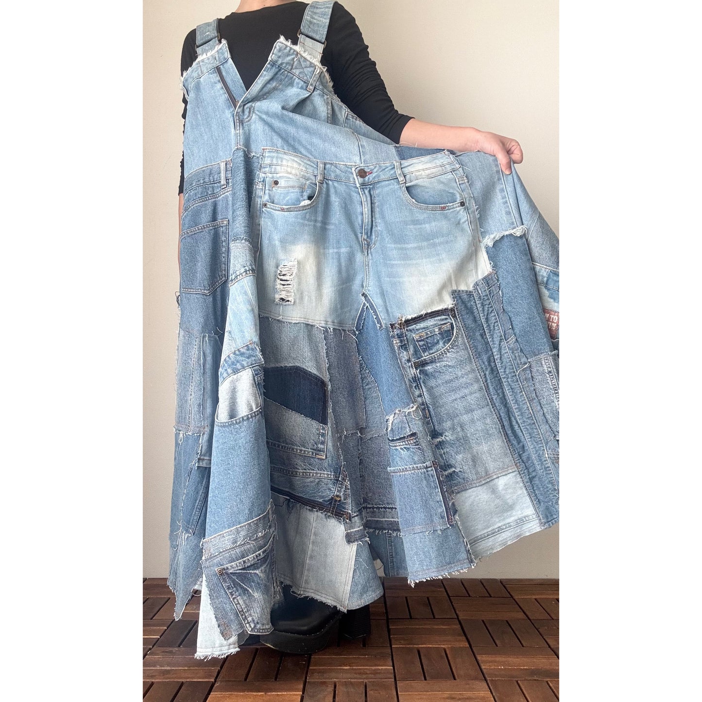 Bold Upcycled Denim Jumper Dress – Asymmetrical Patchwork Maxi, Handmade One-of-a-Kind