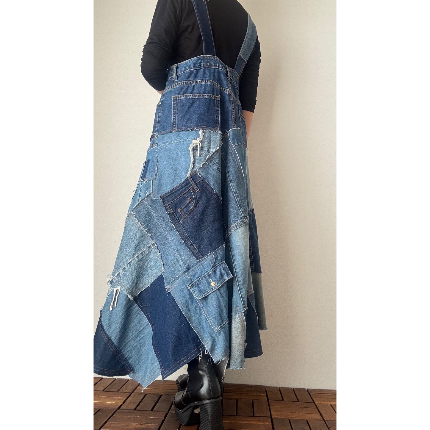 Upcycled Denim Patchwork Jumper Dress – Reconstructed A-Line One-of-a-Kind Piece
