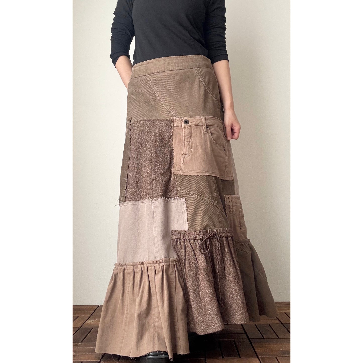 Upcycled Brown Patchwork Maxi Skirt / Mermaid Silhouette / Tweed & Corduroy / Preloved Denim / Fall–Winter