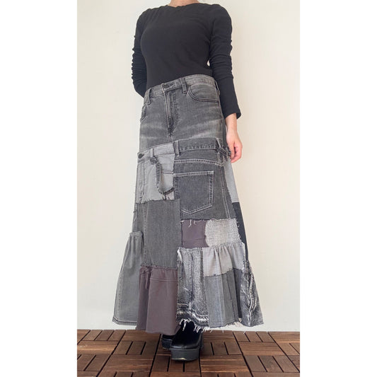 Upcycled Gray Denim Patchwork Long Skirt / Reconstructed Jeans Maxi Skirt / One-of-a-kind Handmade Upcycled Clothing