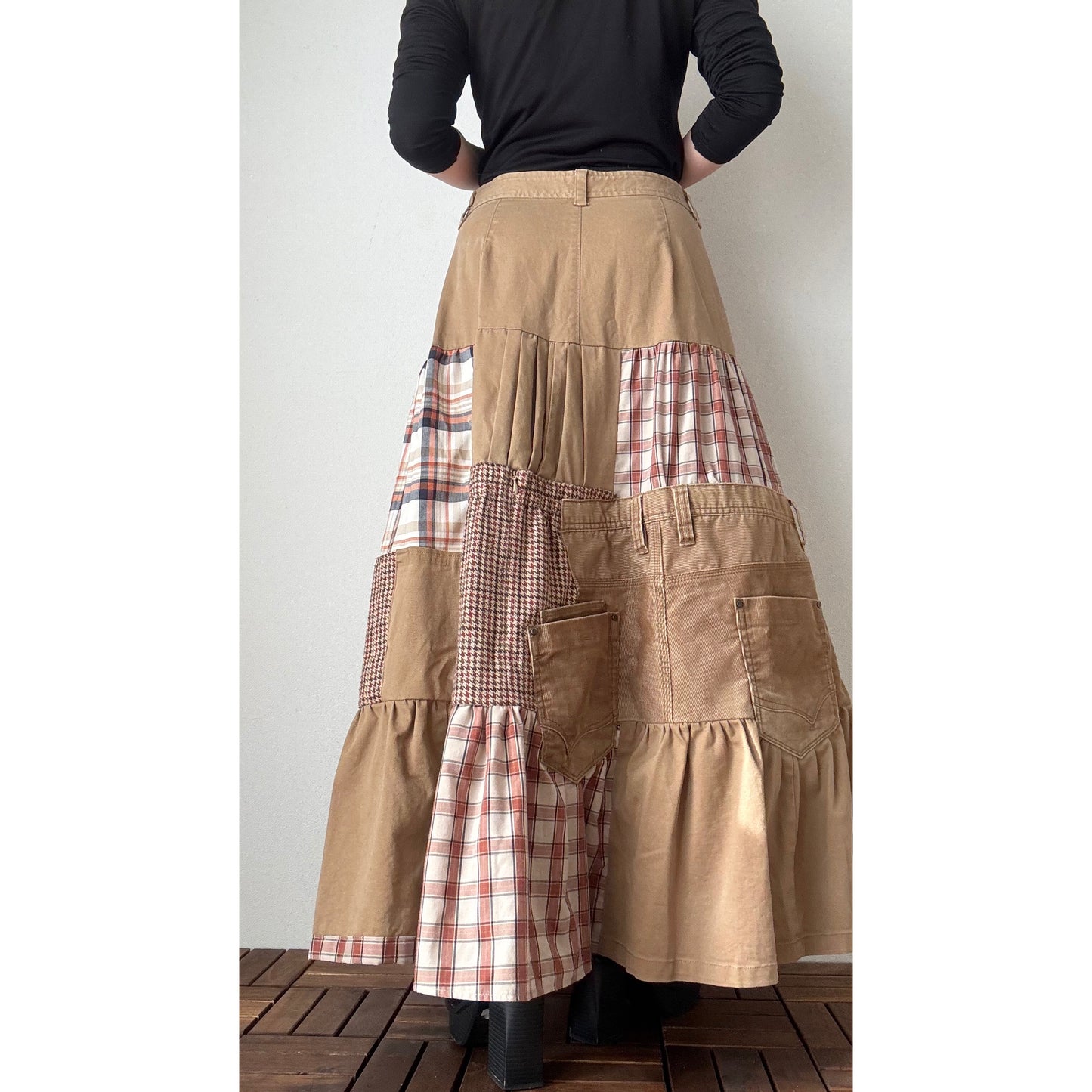 Upcycled Patchwork Maxi Skirt – Long Tiered Skirt with Corduroy, Wool, Plaid & Buttons | M–L | Shipping Included