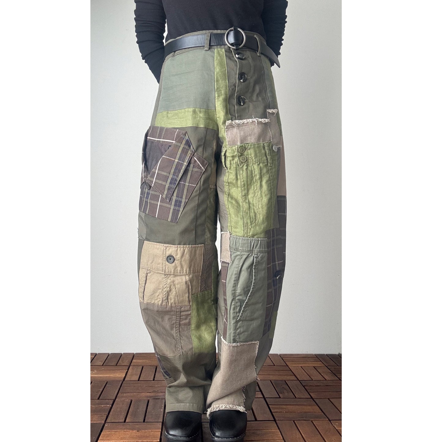 Upcycled Khaki Patchwork Pants, Balloon Silhouette Olive Green Trousers, Handmade Reworked Cotton Linen, One of a Kind