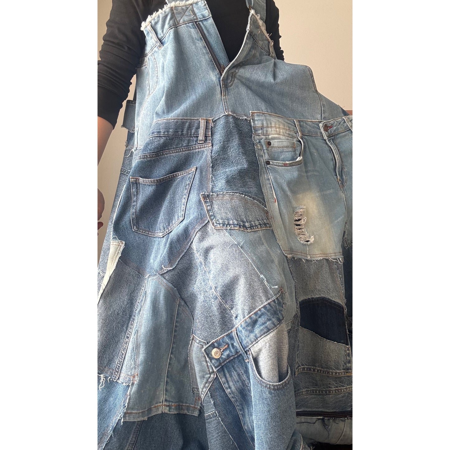 Bold Upcycled Denim Jumper Dress – Asymmetrical Patchwork Maxi, Handmade One-of-a-Kind