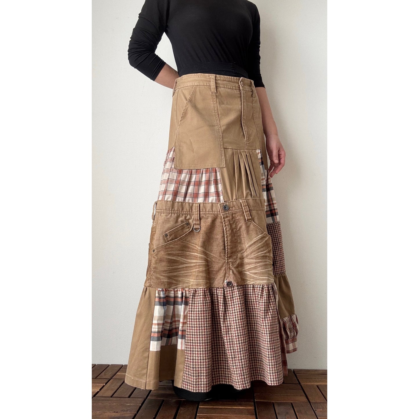 Upcycled Patchwork Maxi Skirt – Long Tiered Skirt with Corduroy, Wool, Plaid & Buttons | M–L | Shipping Included
