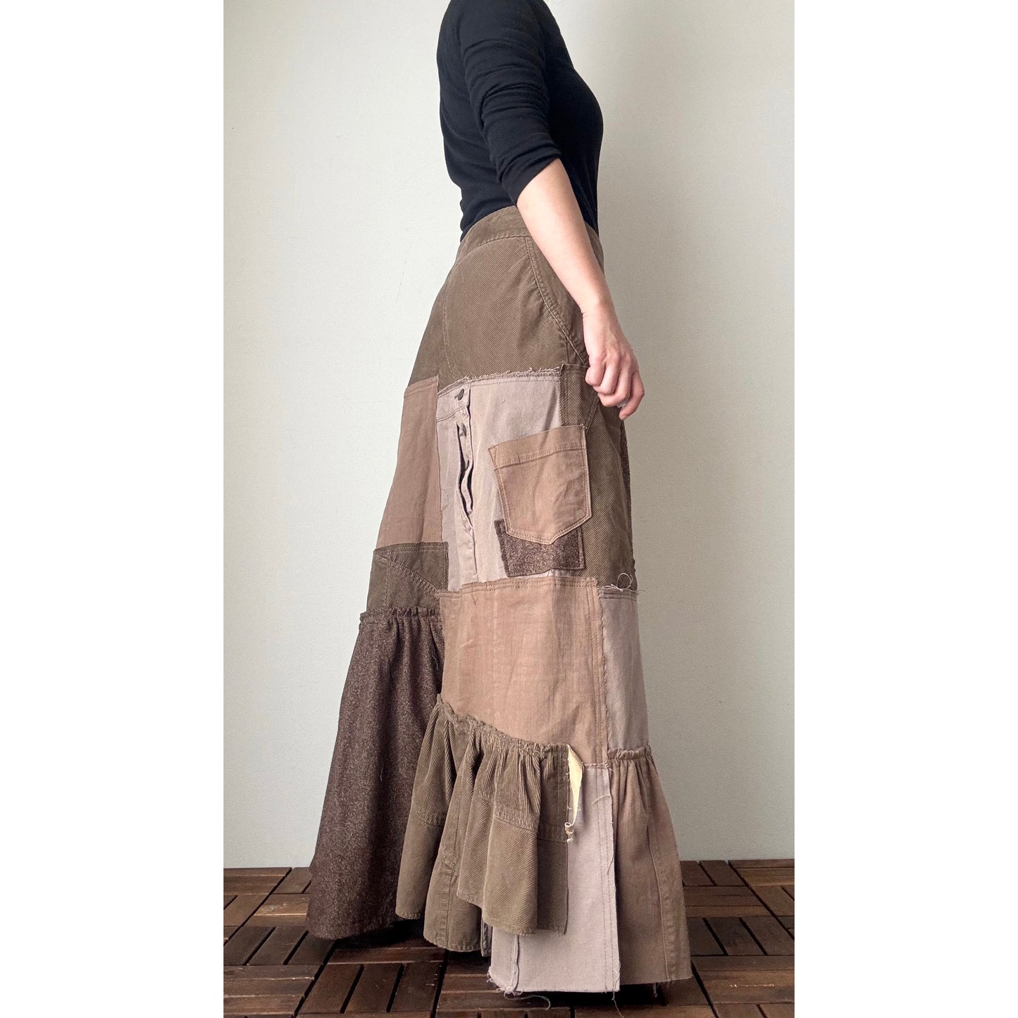 Upcycled Brown Patchwork Maxi Skirt / Mermaid Silhouette / Tweed & Corduroy / Preloved Denim / Fall–Winter