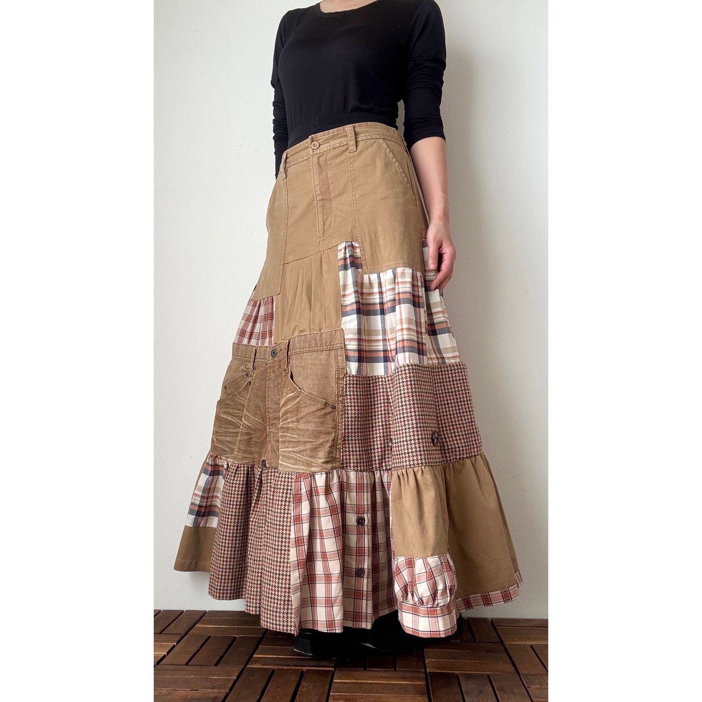 Upcycled Patchwork Maxi Skirt – Long Tiered Skirt with Corduroy, Wool, Plaid & Buttons | M–L | Shipping Included