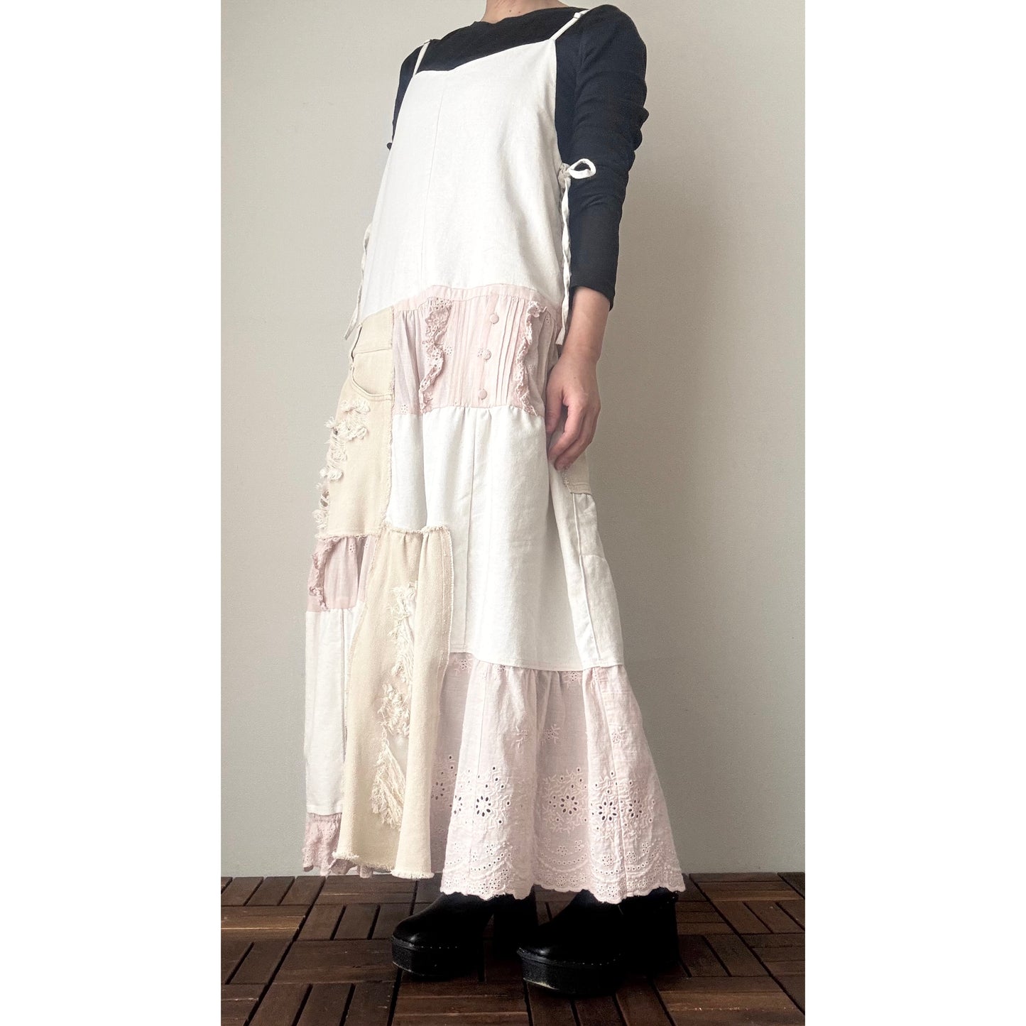 Upcycled Linen & Lace Jumper Dress – Patchwork Maxi with Distressed Denim Details | One-of-a-Kind