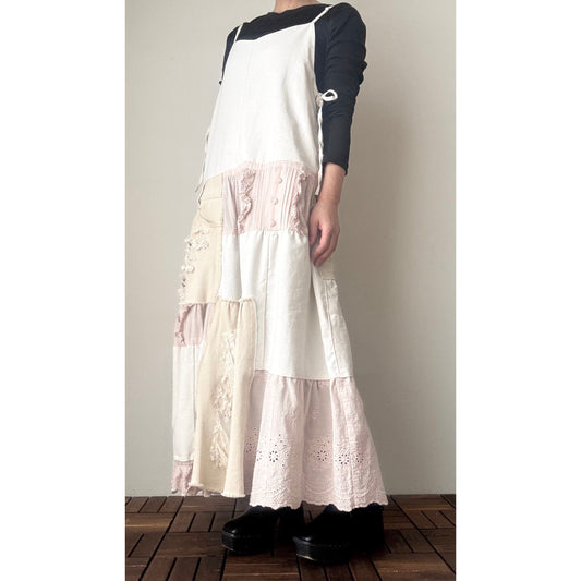 Upcycled Linen & Lace Jumper Dress – Patchwork Maxi with Distressed Denim Details | One-of-a-Kind