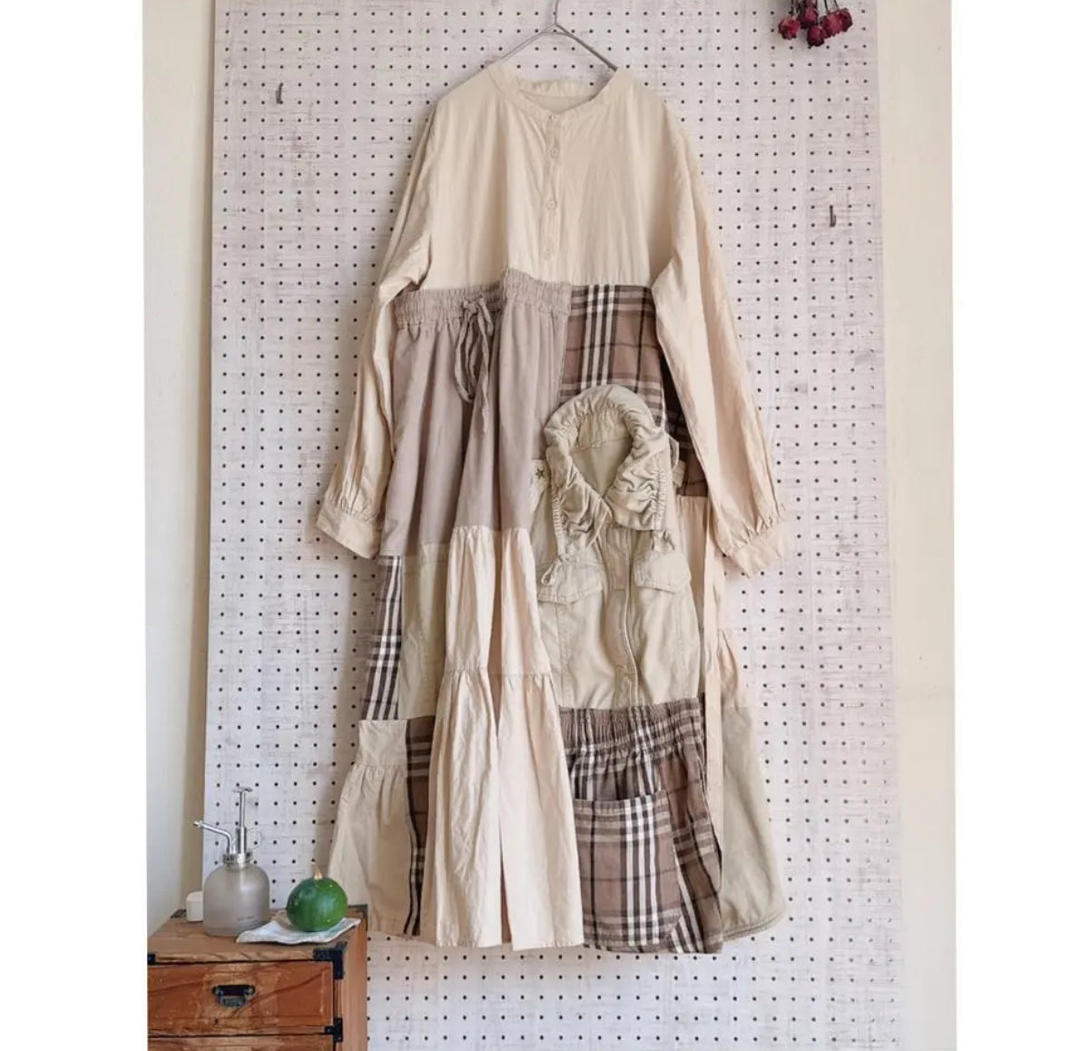 Upcycled Patchwork Midi Dress Crafted from Earth-Tone Secondhand Garments | One-of-a-Kind Handmade Piece