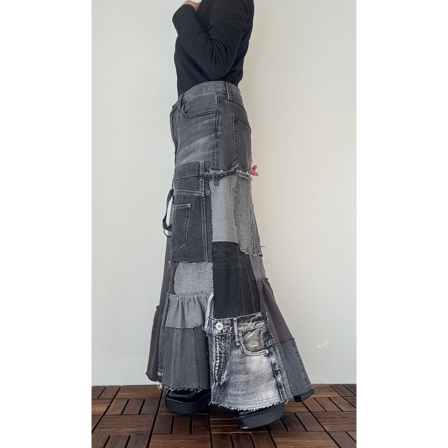 Upcycled Gray Denim Patchwork Long Skirt / Reconstructed Jeans Maxi Skirt / One-of-a-kind Handmade Upcycled Clothing