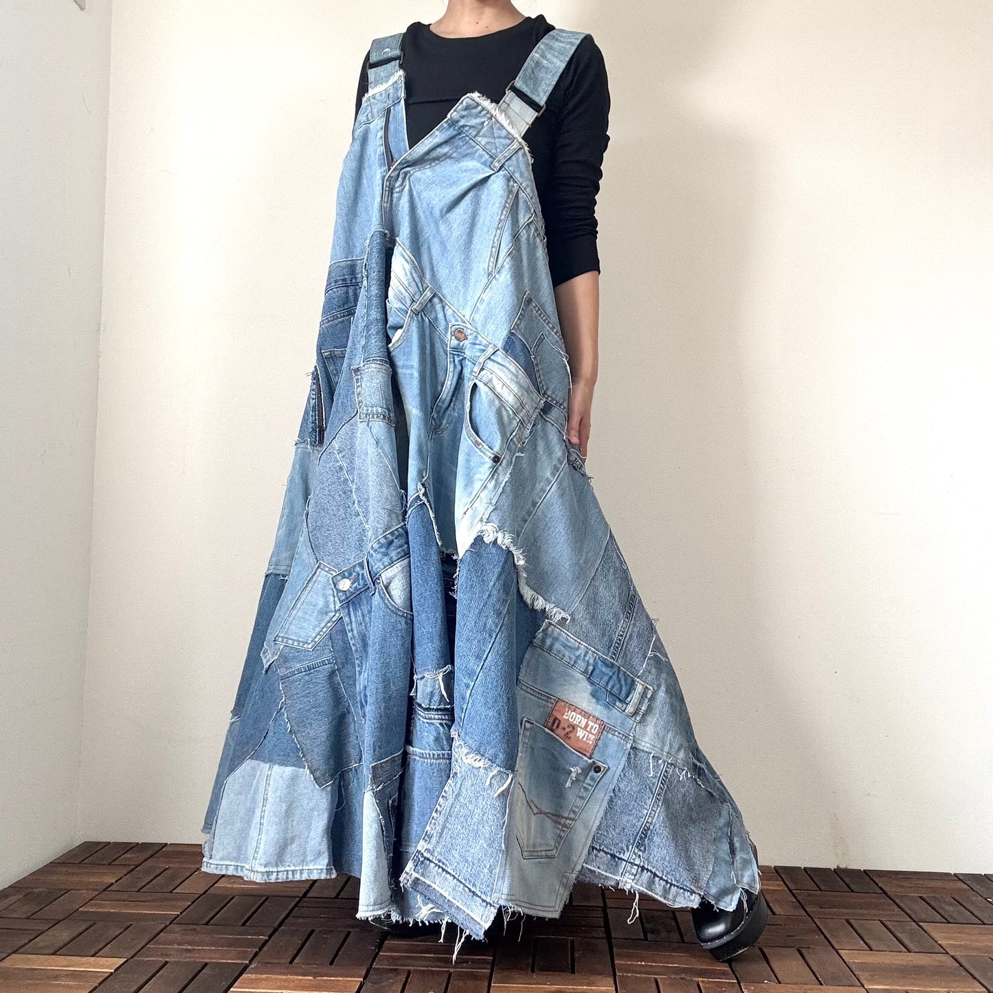 Bold Upcycled Denim Jumper Dress – Asymmetrical Patchwork Maxi, Handmade One-of-a-Kind