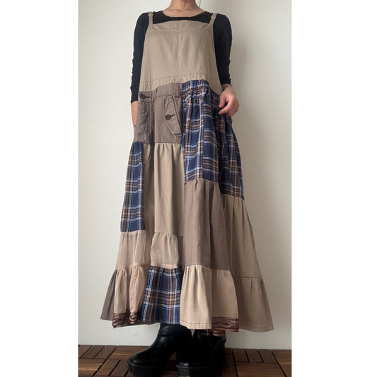 Upcycled Patchwork Jumper Dress – Beige & Navy Plaid Tiered One-of-a-Kind Piece