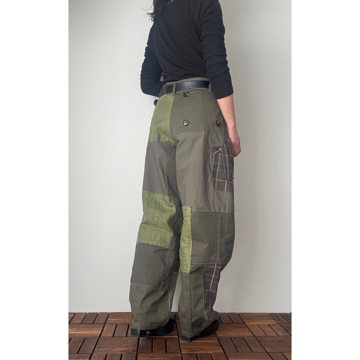 Upcycled Khaki Patchwork Pants, Balloon Silhouette Olive Green Trousers, Handmade Reworked Cotton Linen, One of a Kind