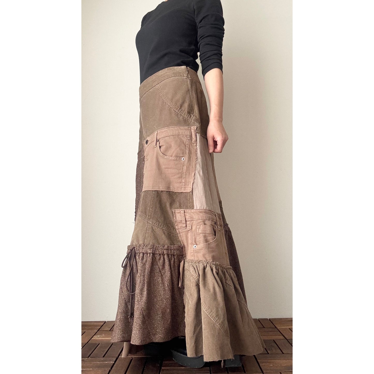 Upcycled Brown Patchwork Maxi Skirt / Mermaid Silhouette / Tweed & Corduroy / Preloved Denim / Fall–Winter