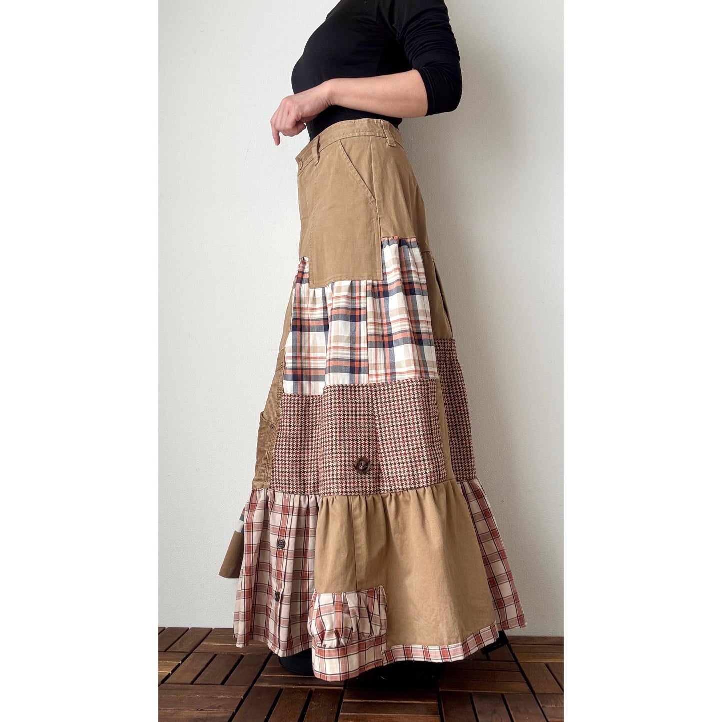 Upcycled Patchwork Maxi Skirt – Long Tiered Skirt with Corduroy, Wool, Plaid & Buttons | M–L | Shipping Included