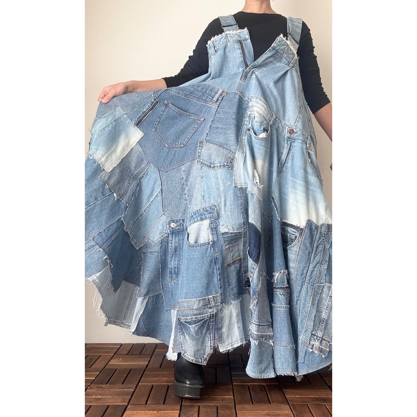 Bold Upcycled Denim Jumper Dress – Asymmetrical Patchwork Maxi, Handmade One-of-a-Kind