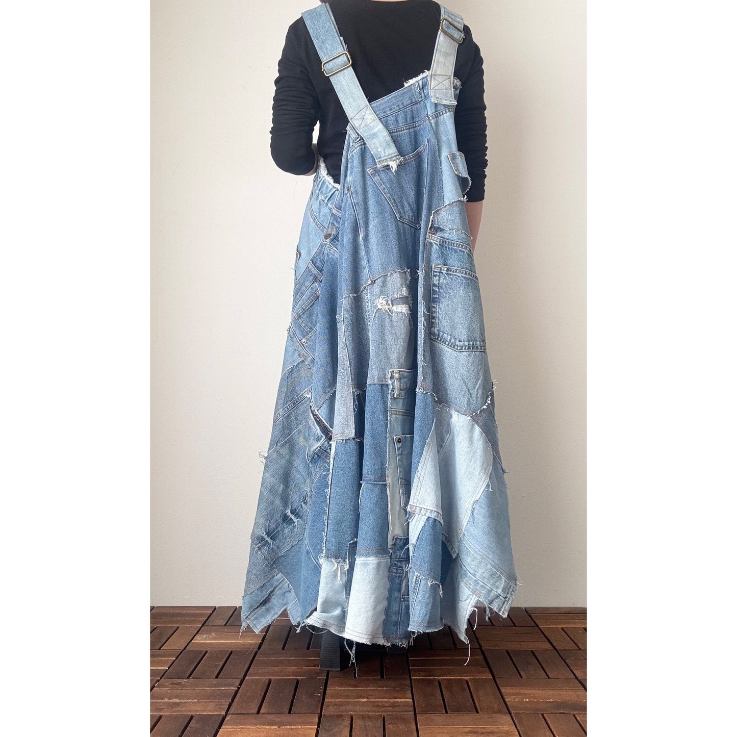Bold Upcycled Denim Jumper Dress – Asymmetrical Patchwork Maxi, Handmade One-of-a-Kind